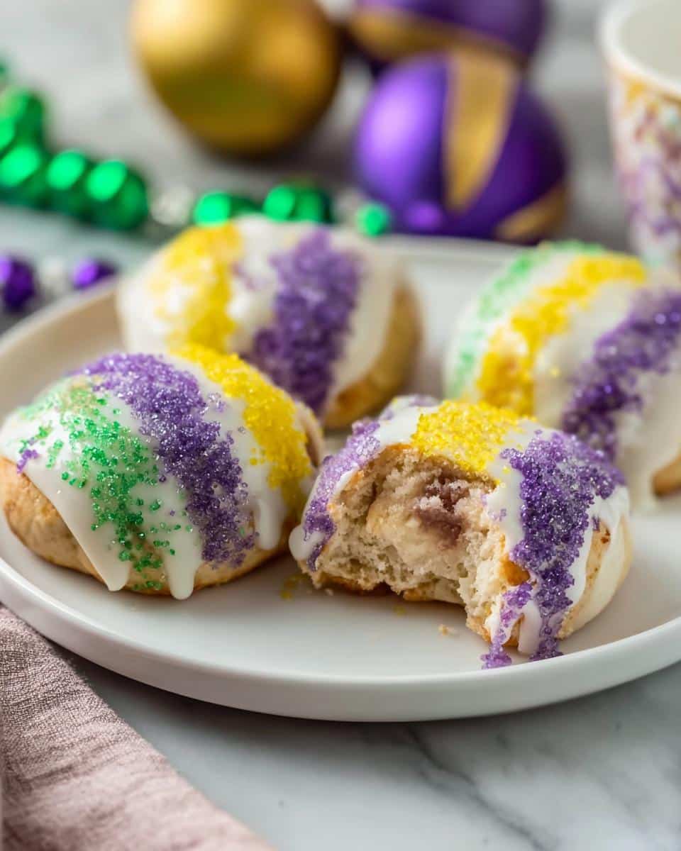 A plate of four Mini King Cake Bites, one bitten into, showing the filling, decorated with white icing and purple, yellow, and green sprinkles.