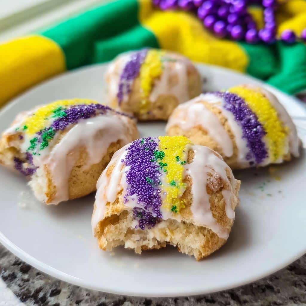 Four Mini King Cake Bites drizzled with white icing and decorated with purple, green, and gold sprinkles on a white plate.