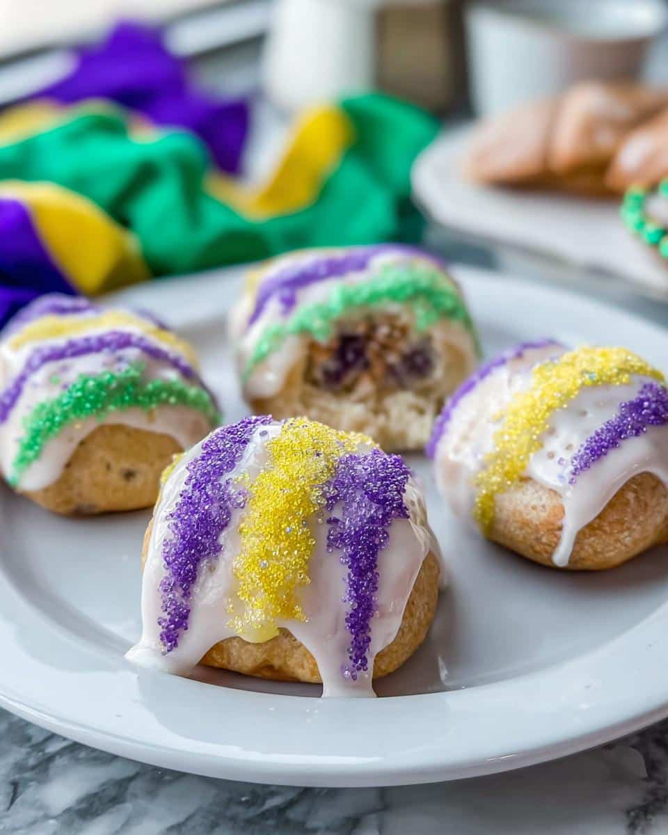 Four Mini King Cake Bites topped with white icing and purple, green, and yellow Mardi Gras sprinkles on a white plate.