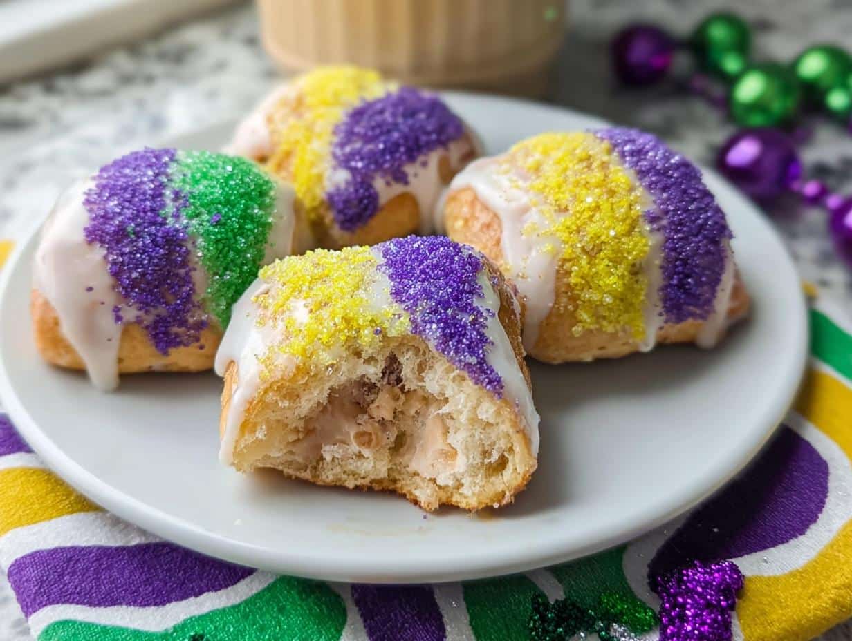 Four Mini King Cake Bites glazed and decorated with purple, green, and yellow sprinkles on a white plate.