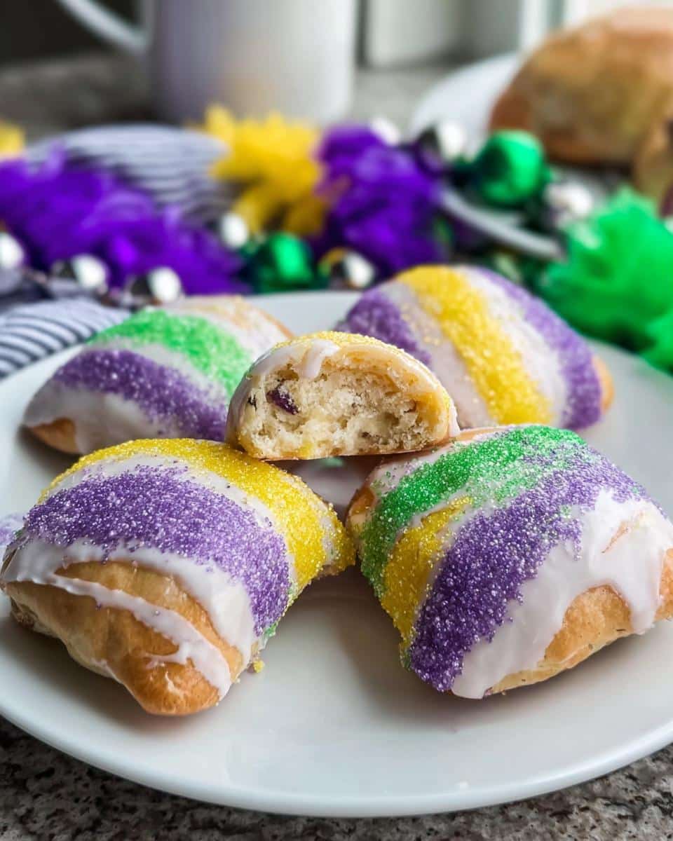 Four Mini King Cake Bites decorated with purple, yellow, and green sprinkles, with one bite cut open showing the filling.