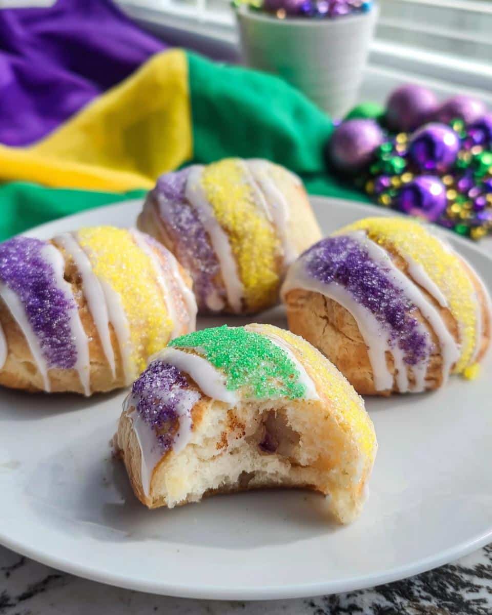 Four Mini King Cake Bites on a white plate, one with a bite taken out, decorated with purple, yellow, and green sprinkles.