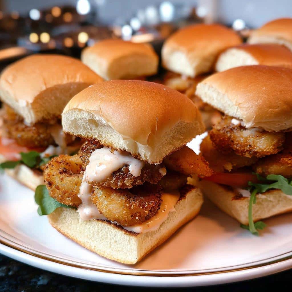 Close-up of several Mini Shrimp Po’Boy Sliders featuring crispy fried shrimp and creamy sauce on small buns.
