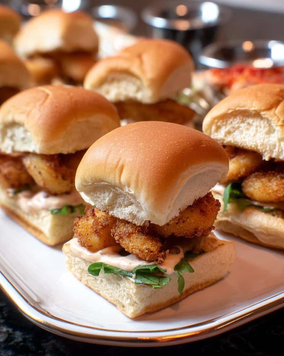 Close-up of several Mini Shrimp Po’Boy Sliders featuring crispy fried shrimp, sauce, and greens on small buns.