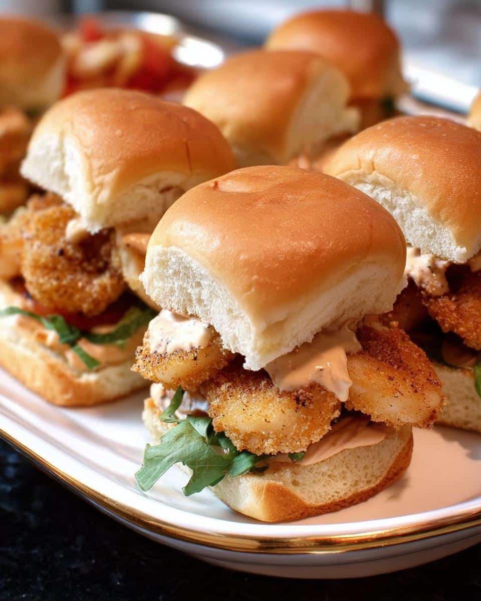 Close-up of several Mini Shrimp Po’Boy Sliders featuring fried shrimp, sauce, and greens on small buns.