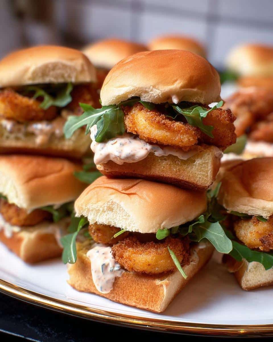 A stack of delicious Mini Shrimp Po’Boy Sliders featuring crispy shrimp, arugula, and remoulade sauce on soft buns.