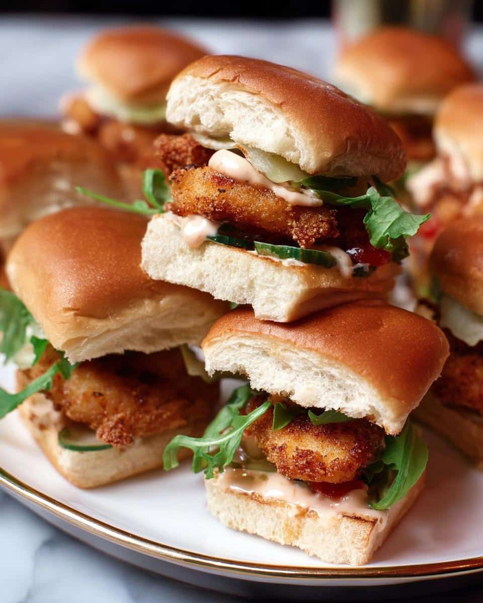A stack of delicious Mini Shrimp Po’Boy Sliders featuring fried shrimp, greens, and sauce on soft buns.