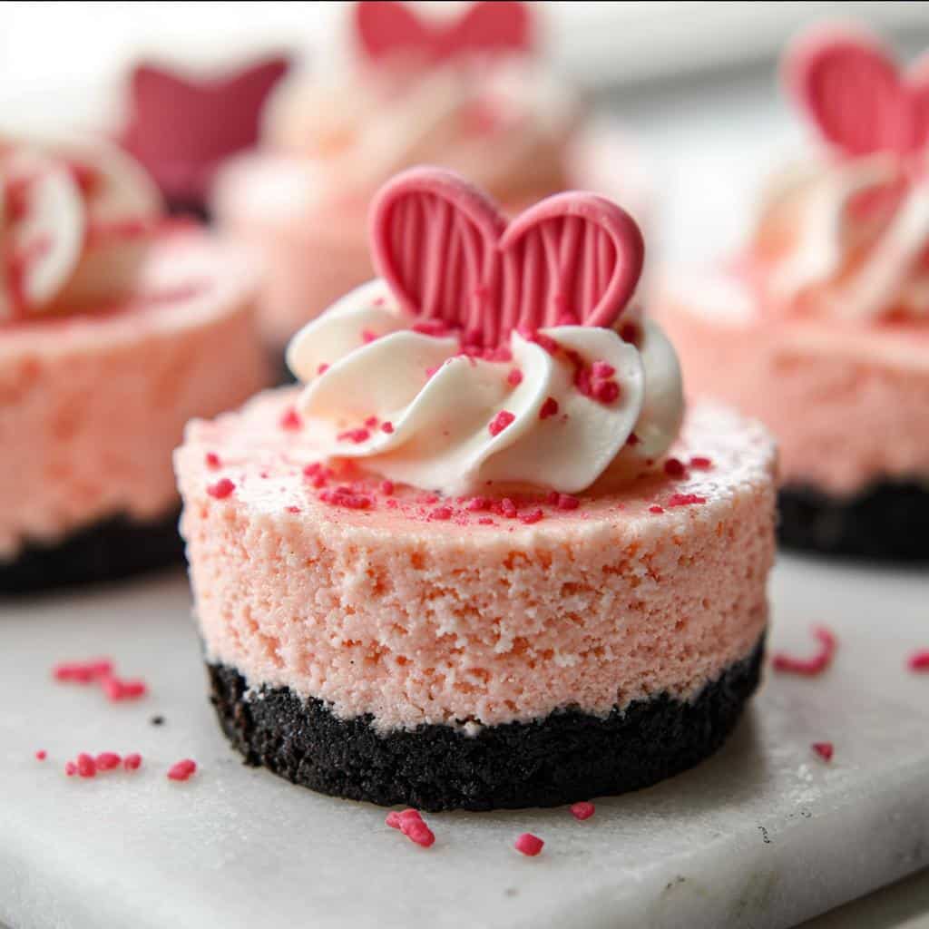 A single, perfectly formed Mini Valentine Cheesecake with a dark crust, pink filling, white frosting swirl, and heart topper.