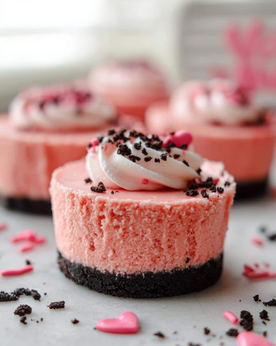 Close-up of a pink Mini Valentine Cheesecakes topped with whipped cream, chocolate crumbs, and a heart candy.