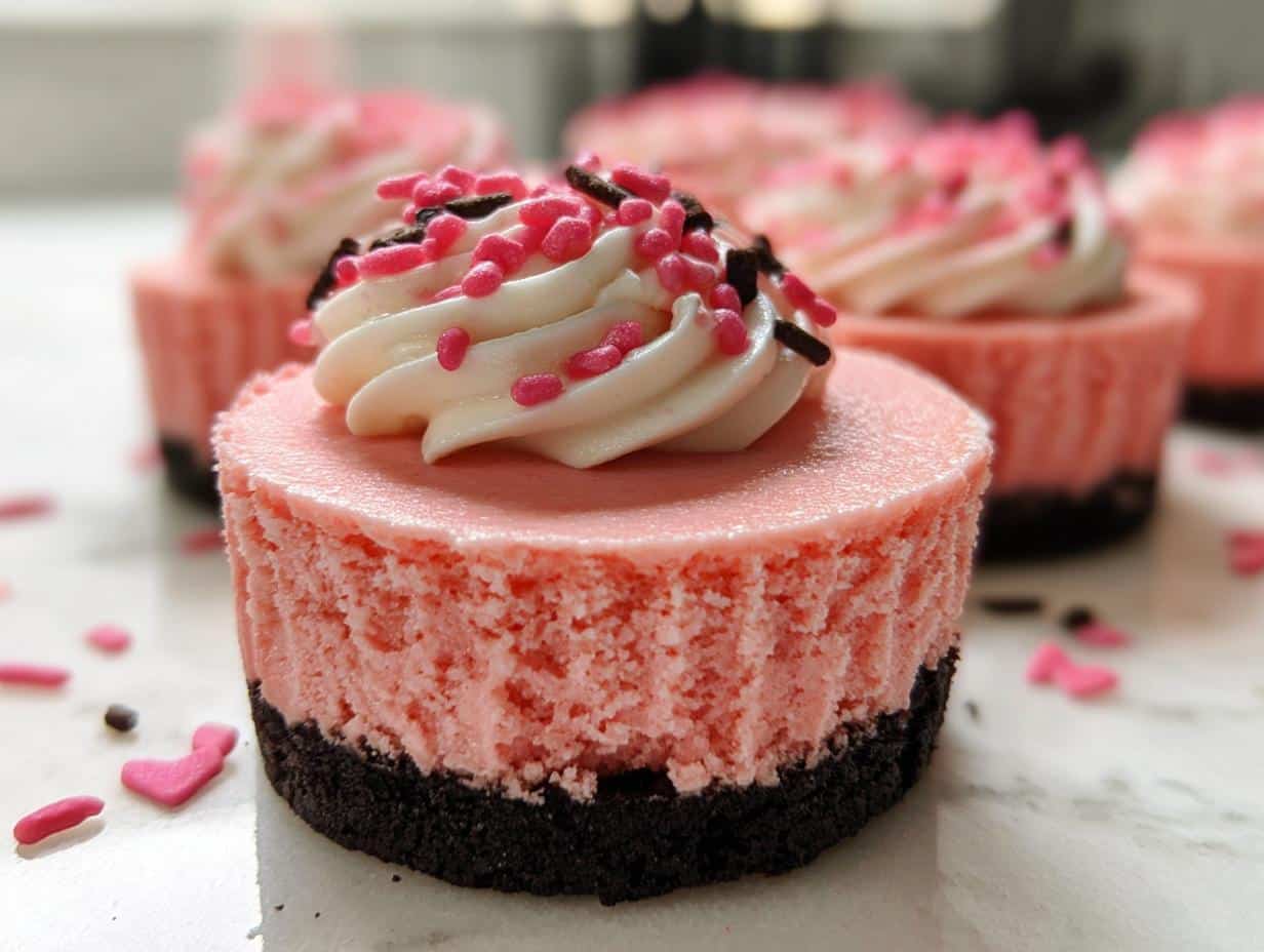 Close-up of a pink Mini Valentine Cheesecakes with a dark crust, topped with white frosting and pink/brown sprinkles.
