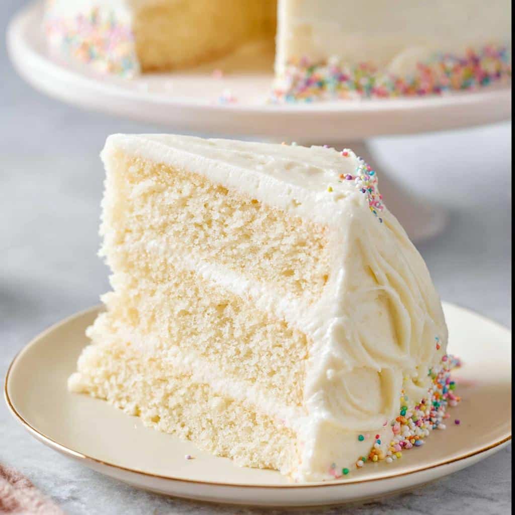 A perfect slice of Minimalist White Cake with a smooth, creamy frosting and colorful sprinkles.