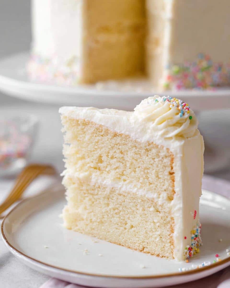 A close-up slice of white cake showing layers and a smooth frosting finish, topped with sprinkles.