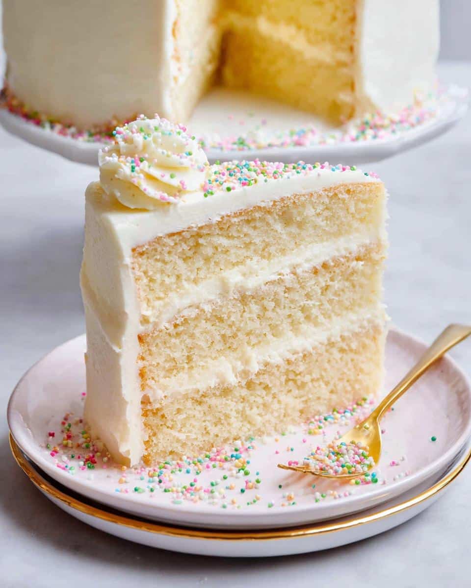 A slice of three-layer white cake showing a smooth finish frosting and colorful sprinkles.