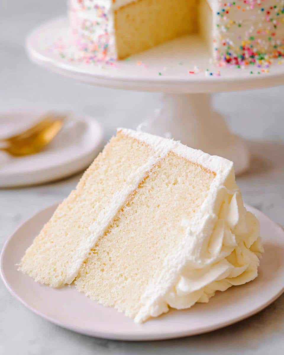 A slice of fluffy white layer cake with smooth white frosting, showcasing the texture achieved by the Minimalist White Cake Smooth Finish technique.