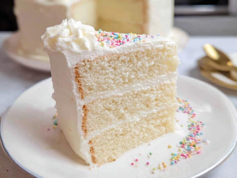A slice of three-layer Minimalist White Cake with smooth white frosting and colorful sprinkles.