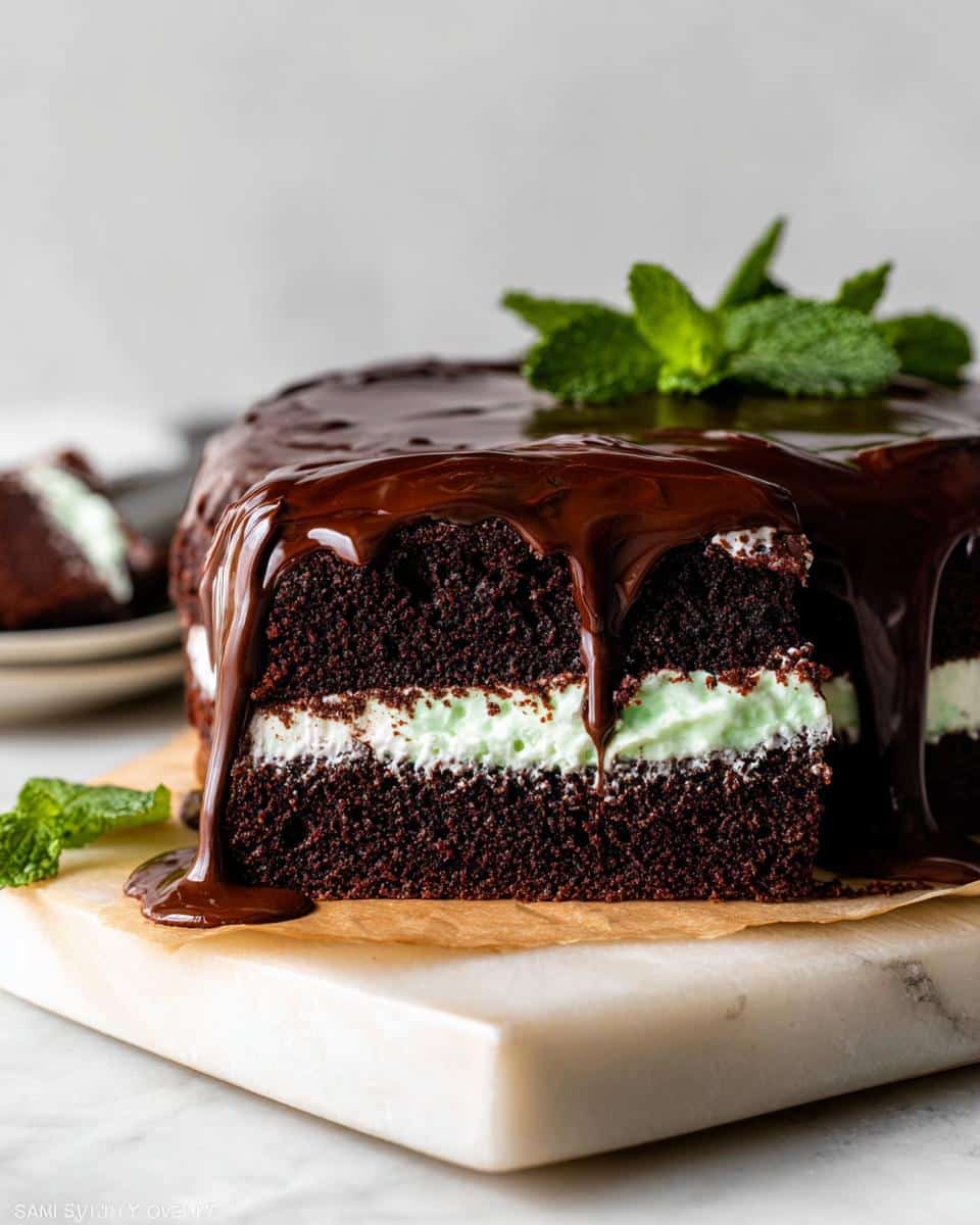 A slice cut from a rich Mint Chocolate Cake showing dark layers and light green mint filling, topped with dripping chocolate ganache.