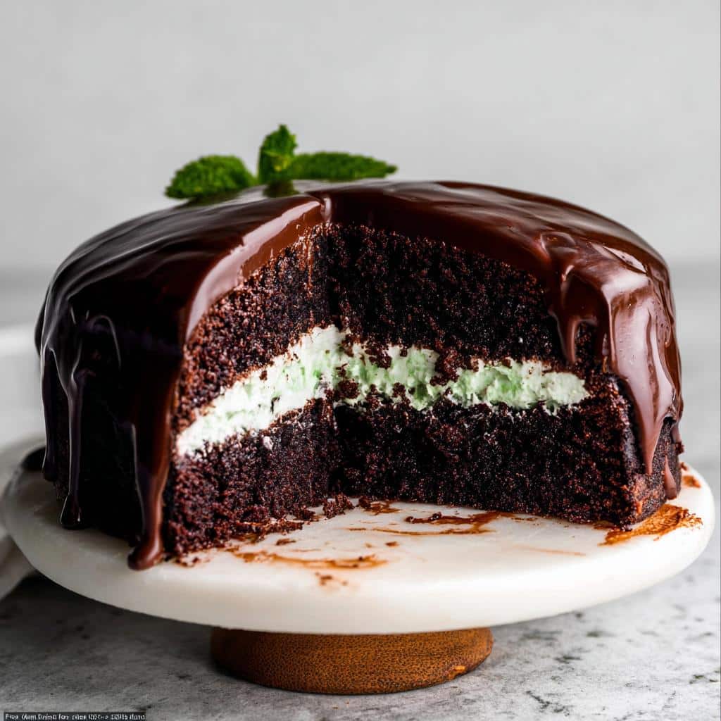 A decadent slice removed from a Mint Chocolate Cake showing dark chocolate layers and a light green mint filling, topped with chocolate ganache.