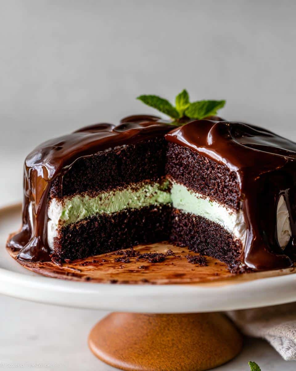 Cross-section of a rich Mint Chocolate Cake showing dark chocolate layers and bright green mint frosting, topped with chocolate ganache.