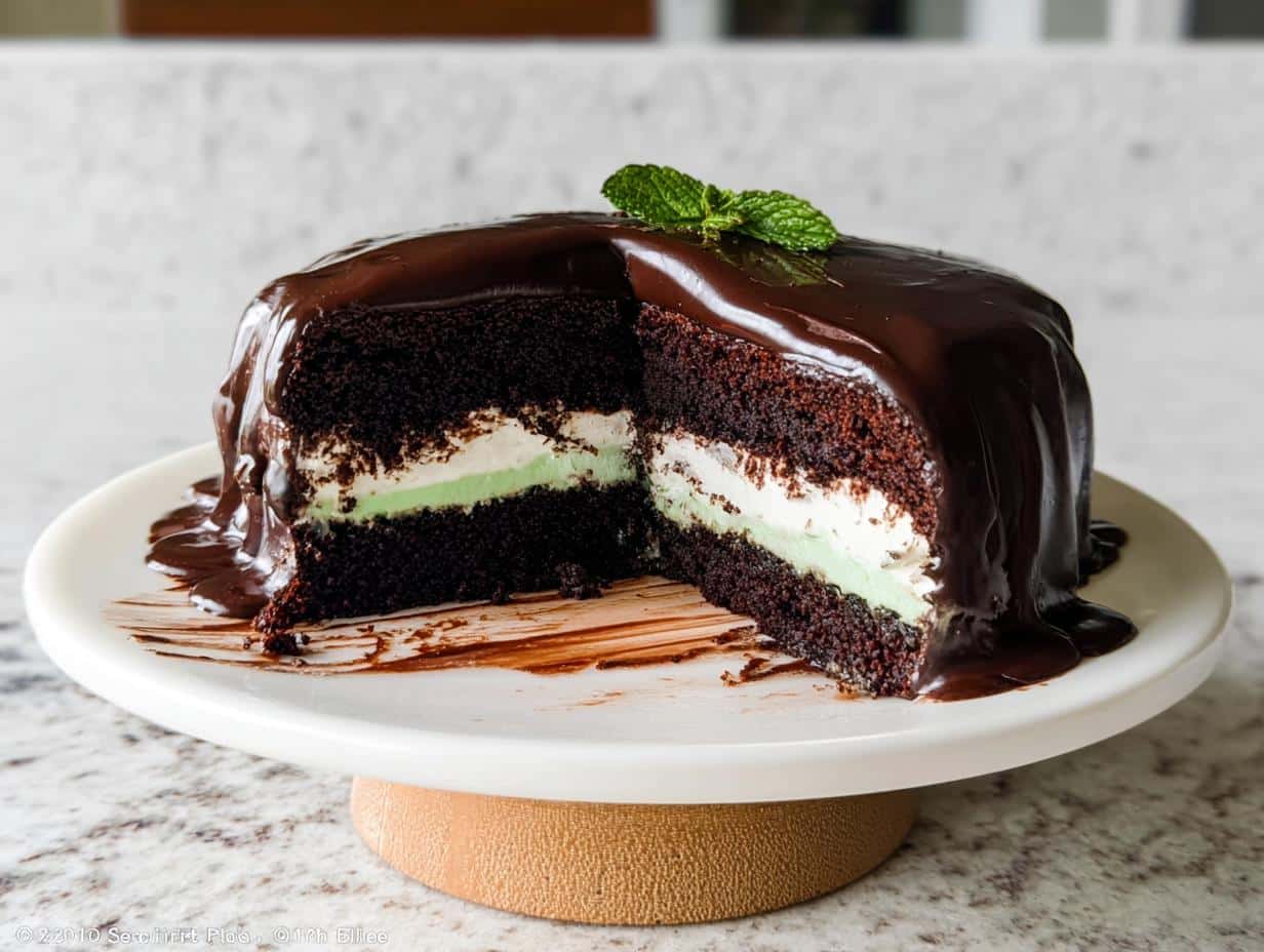 A slice cut from a rich Mint Chocolate Cake covered in glossy chocolate ganache, revealing mint and cream layers.