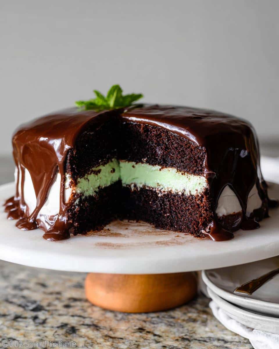 A decadent Mint Chocolate Cake with a slice removed, showing layers of dark chocolate cake and mint filling, topped with dripping chocolate ganache.