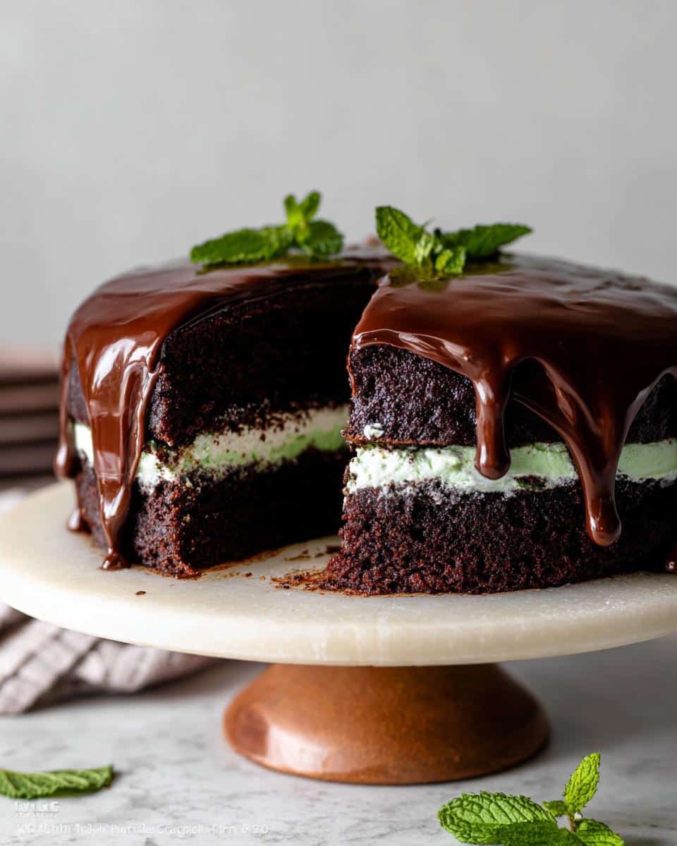 A rich, dark chocolate layer cake with mint green filling, topped with glossy ganache, showcasing a slice removed from the Mint Chocolate Cake.