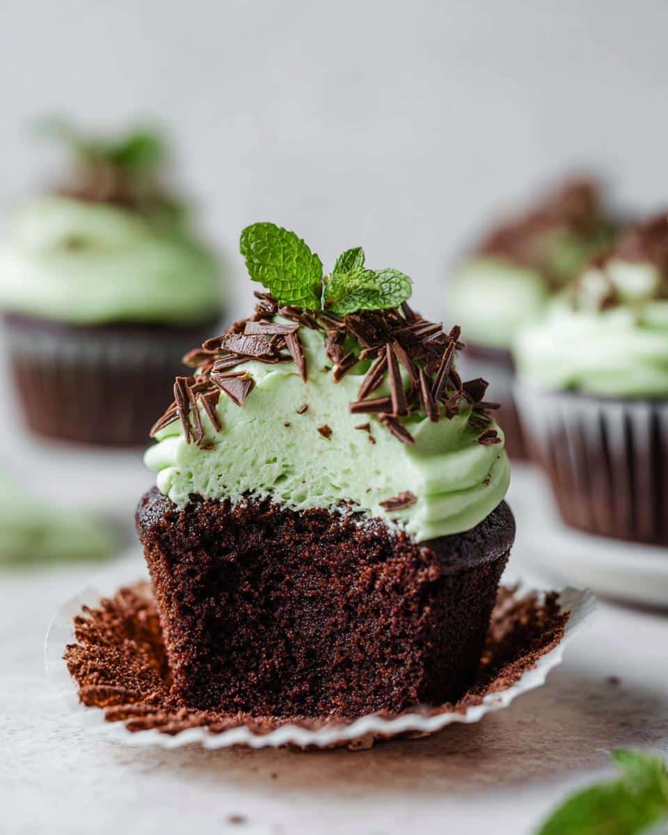 Cross-section view of a rich chocolate Mint Chocolate Cupcakes with light green frosting, chocolate shavings, and a mint leaf.