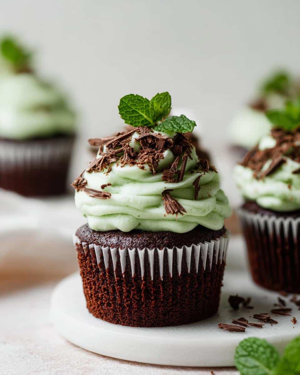 A close-up of a rich chocolate cupcake topped with light green mint frosting, chocolate shavings, and a fresh mint sprig, showcasing the Mint Chocolate Cupcakes.
