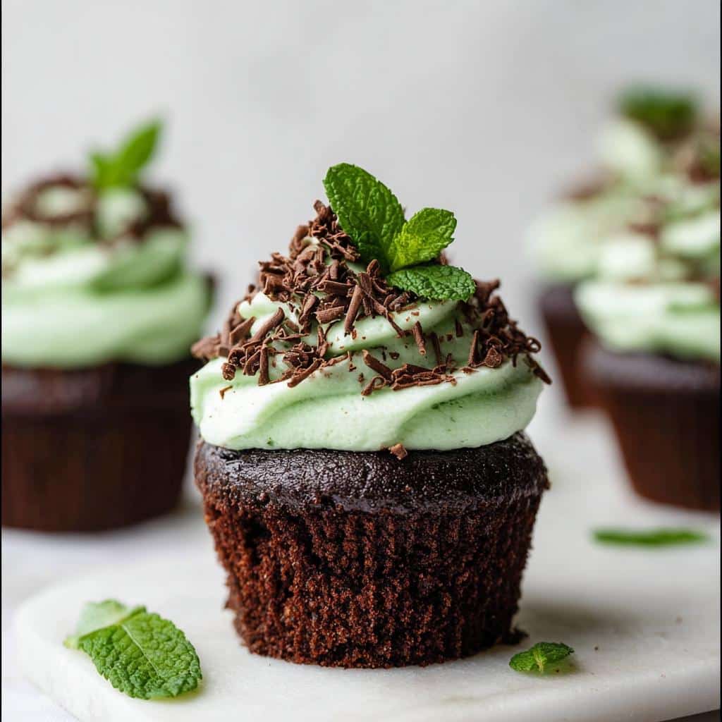 A close-up of a rich chocolate cupcake topped with light green mint frosting, chocolate shavings, and a fresh mint sprig, showcasing the Mint Chocolate Cupcakes.