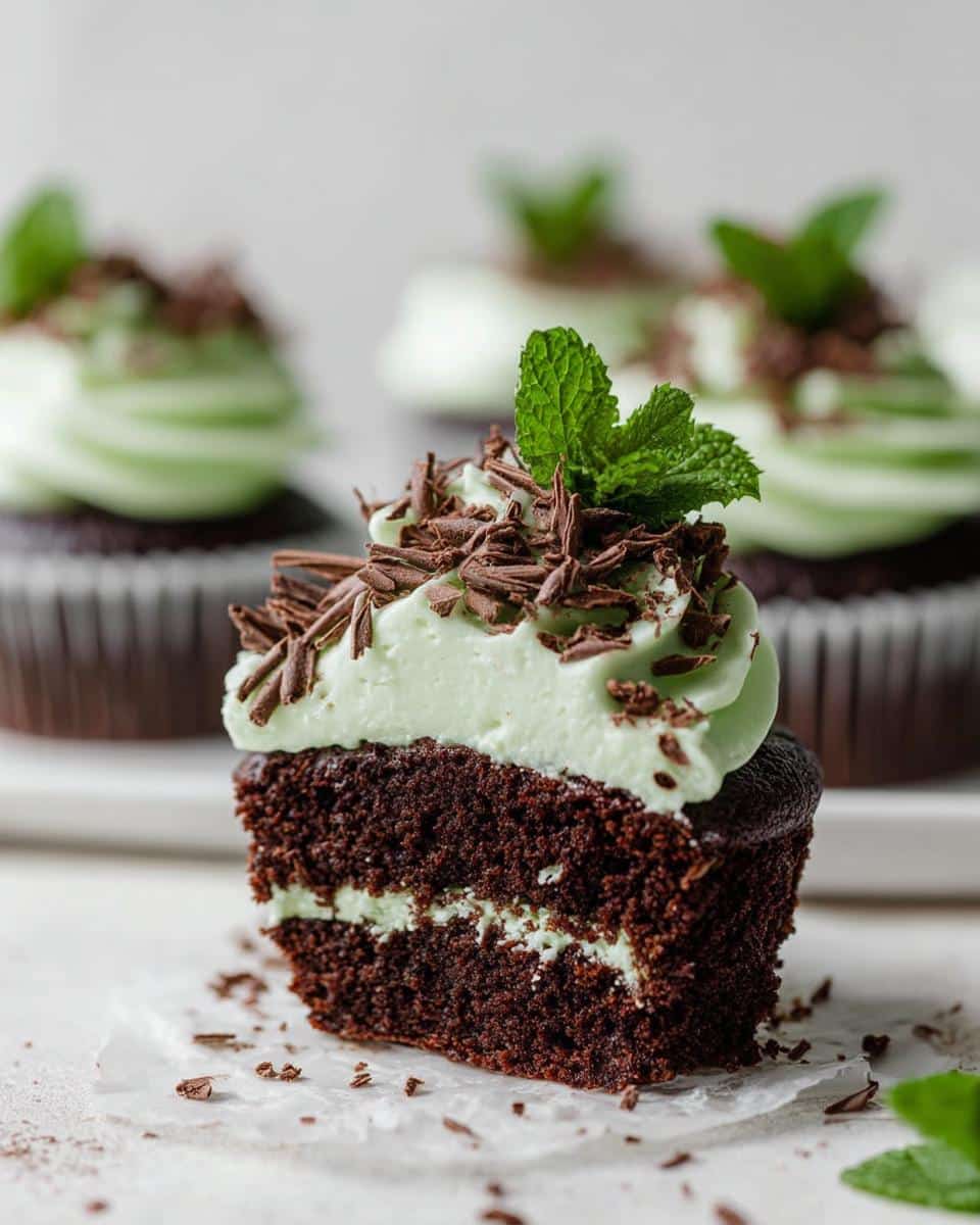 Close-up of a Mint Chocolate Cupcakes slice showing dark cake layers, mint filling, and light green frosting topped with shavings.