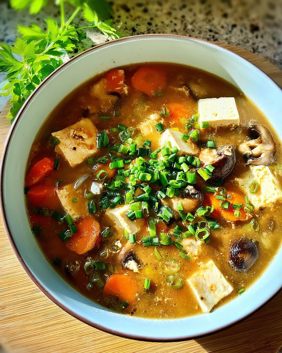 Close-up of a vibrant bowl of Miso Ginger Vegetable Soup featuring tofu cubes, sliced carrots, mushrooms, and topped with fresh green onions.