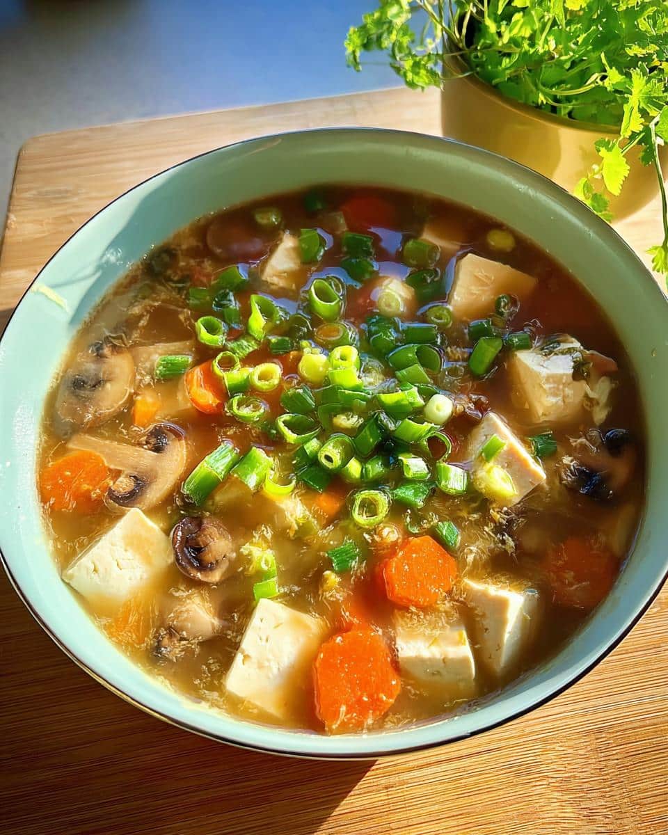 A close-up of Miso Ginger Vegetable Soup featuring cubes of tofu, sliced mushrooms, carrots, and green onions.