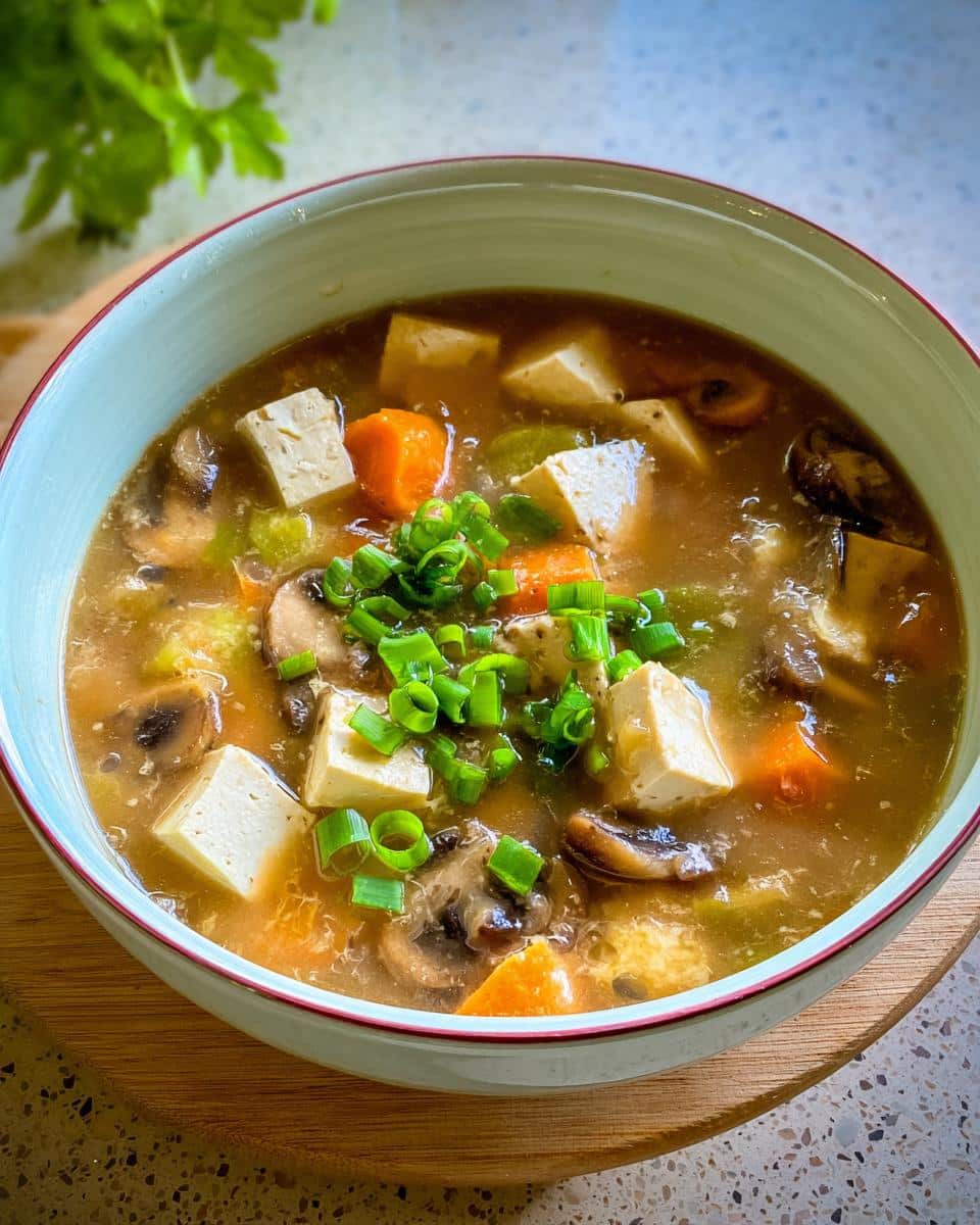 A close-up of a bowl of Miso Ginger Vegetable Soup filled with tofu cubes, mushrooms, carrots, and topped with fresh green onions.