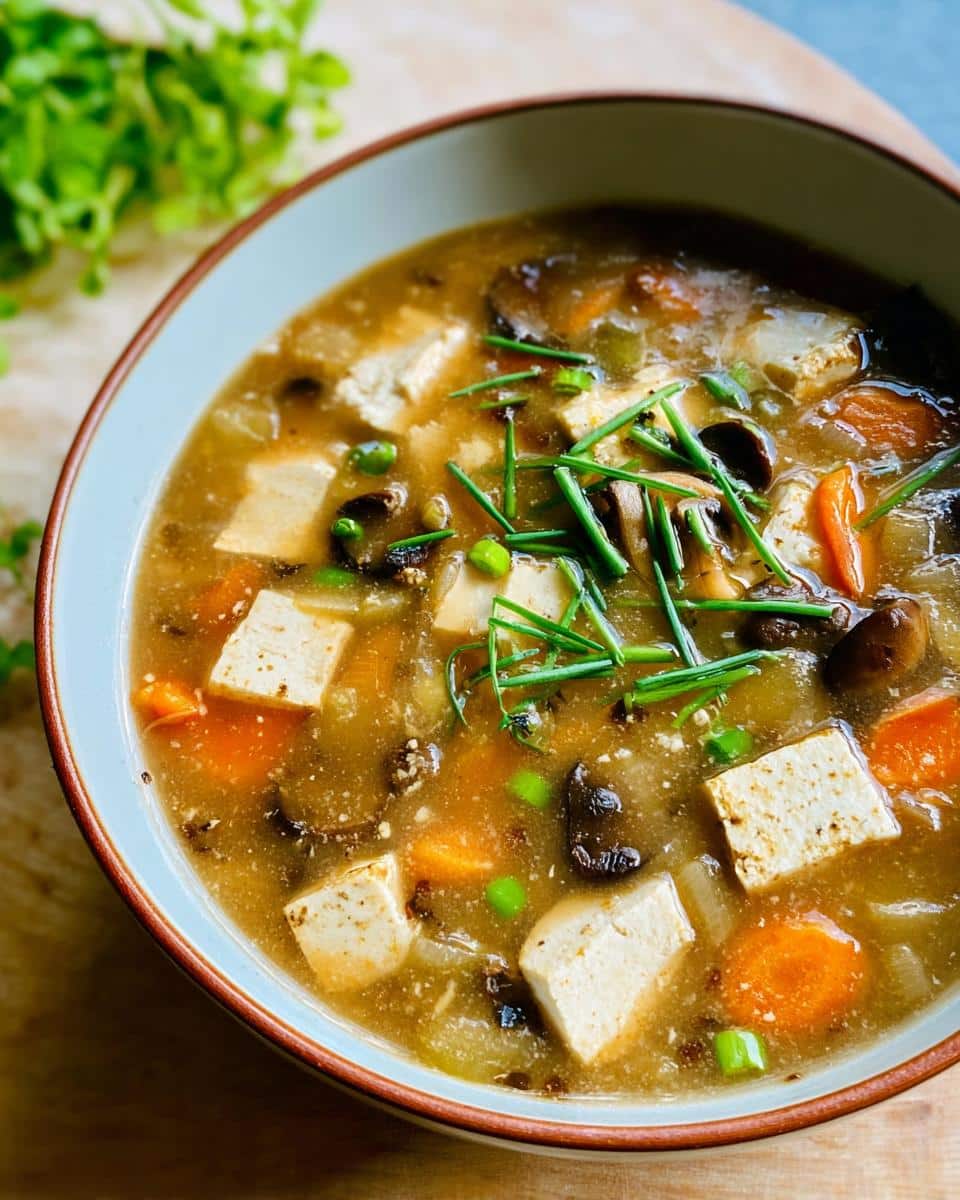 Close-up of Miso Ginger Vegetable Soup filled with tofu cubes, carrots, mushrooms, and topped with chives.