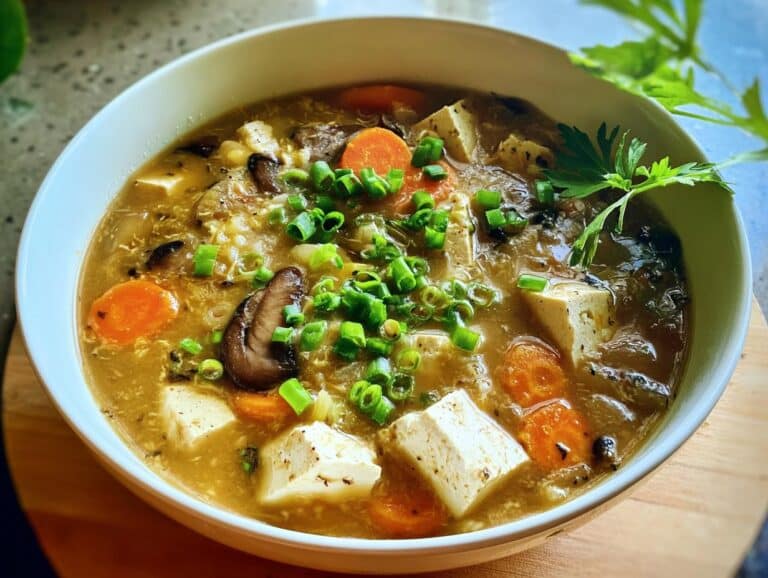 A close-up view of a bowl filled with Miso Ginger Vegetable Soup, featuring tofu cubes, sliced carrots, mushrooms, and green onions.