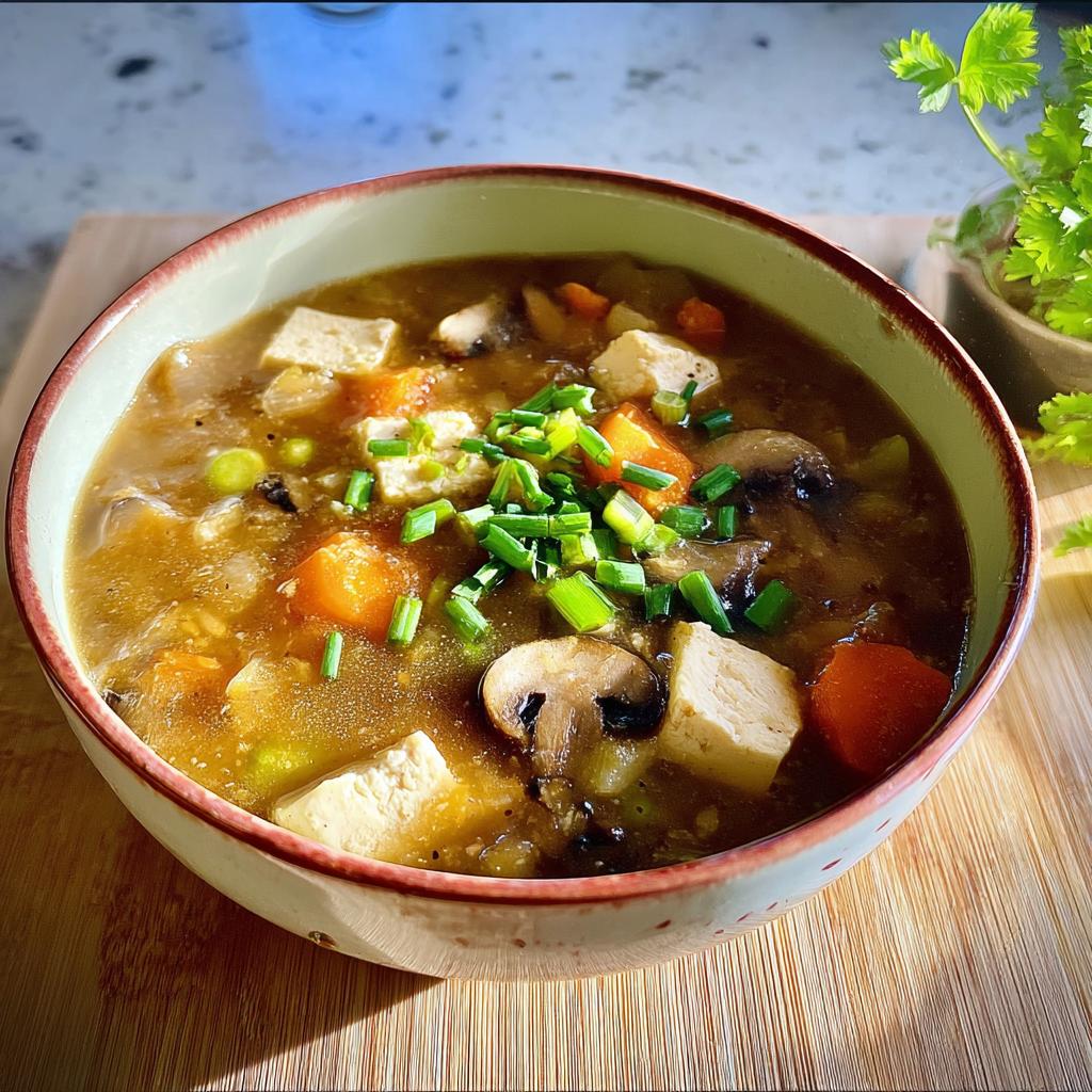 Close-up of a bowl of Miso Ginger Vegetable Soup featuring tofu cubes, carrots, mushrooms, and chives.