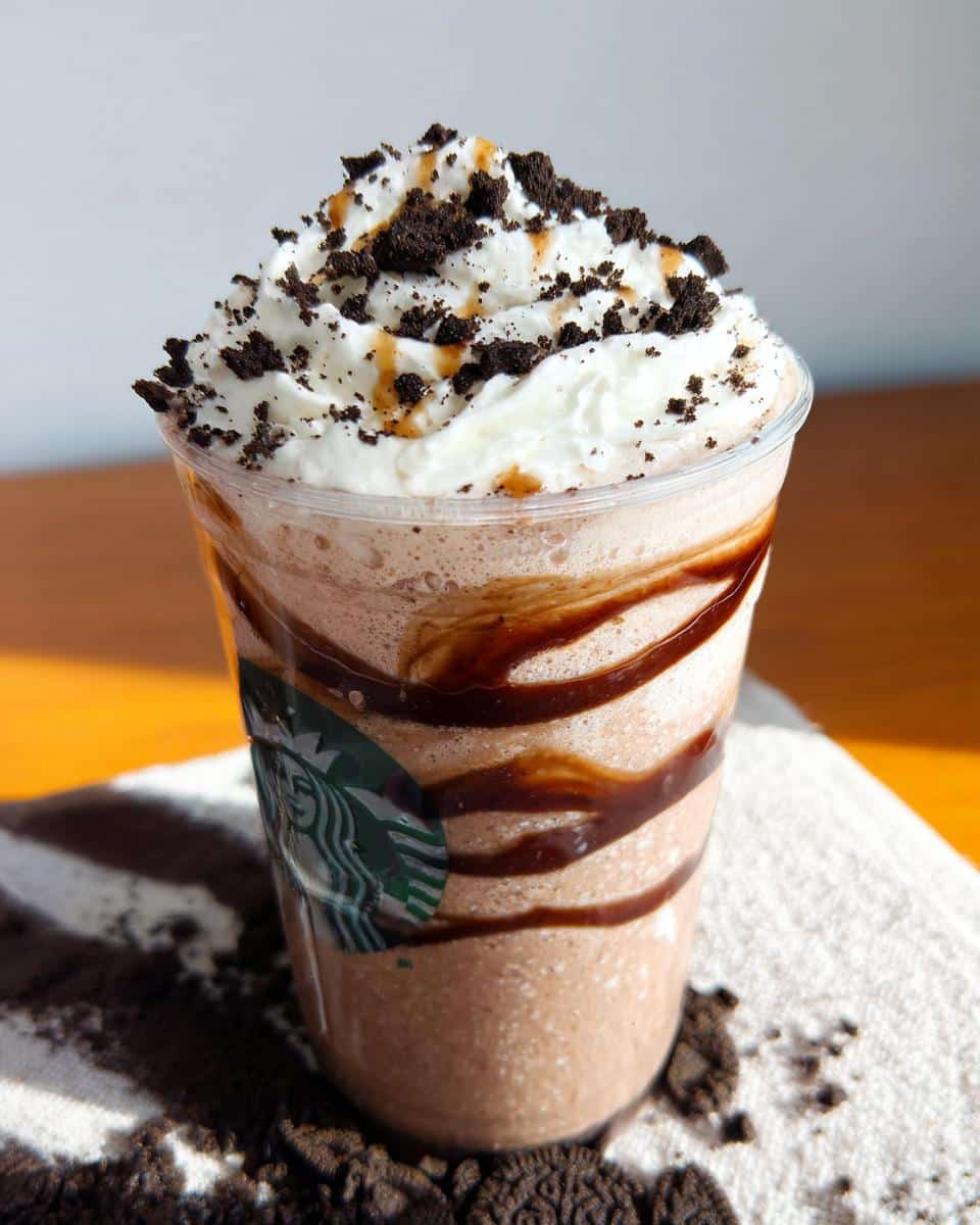 A close-up of a homemade Mocha Cookie Crumble Frappuccino in a clear cup, topped with whipped cream and cookie crumbles.