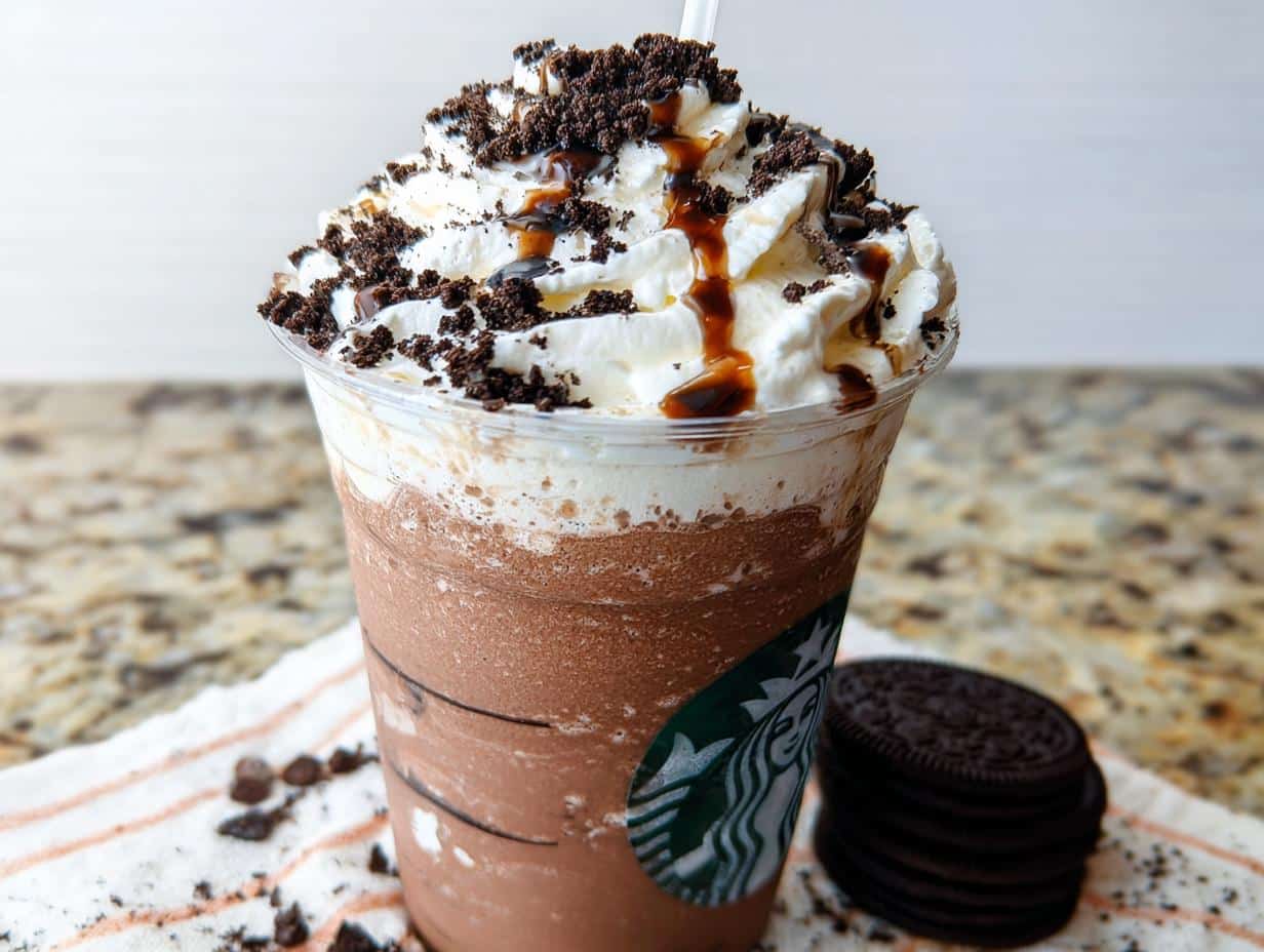 A tall, blended Mocha Cookie Crumble Frappuccino topped with whipped cream, chocolate drizzle, and cookie crumbles.