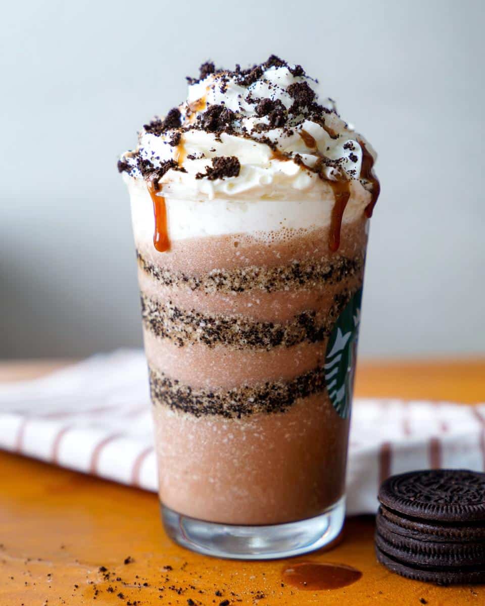A tall glass of homemade Mocha Cookie Crumble Frappuccino topped with whipped cream, caramel drizzle, and cookie crumbs.