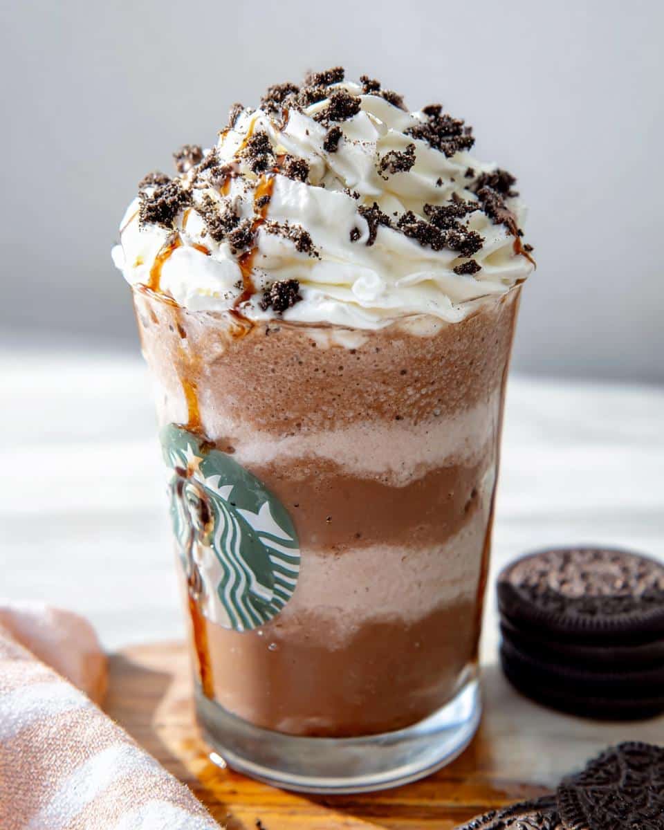 A tall glass of layered Mocha Cookie Crumble Frappuccino topped with whipped cream and cookie crumbles.