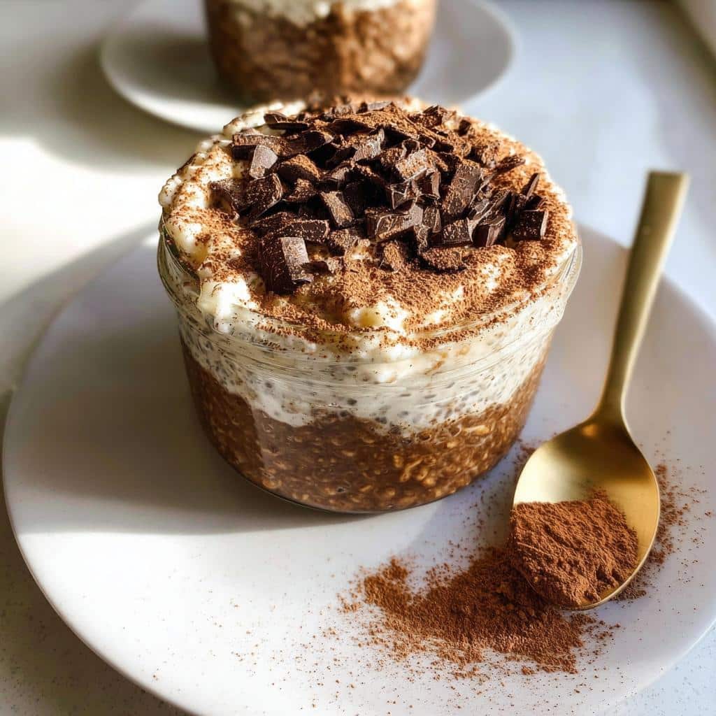 A glass jar filled with layered Mocha Protein Overnight Oats, topped with yogurt and chocolate shavings.