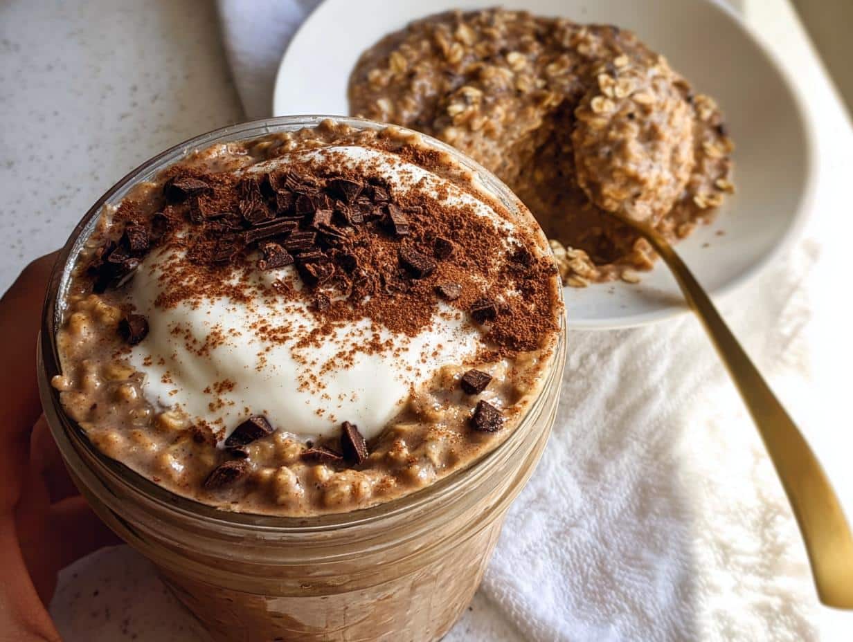 Overhead view of Mocha Protein Overnight Oats topped with yogurt, cocoa powder, and chocolate shavings.