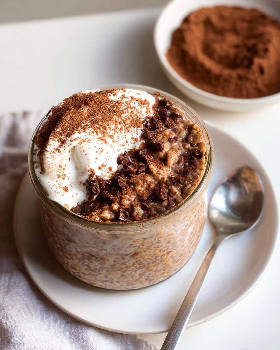 A glass jar filled with Mocha Protein Overnight Oats, topped with yogurt, chocolate chips, and cocoa powder.