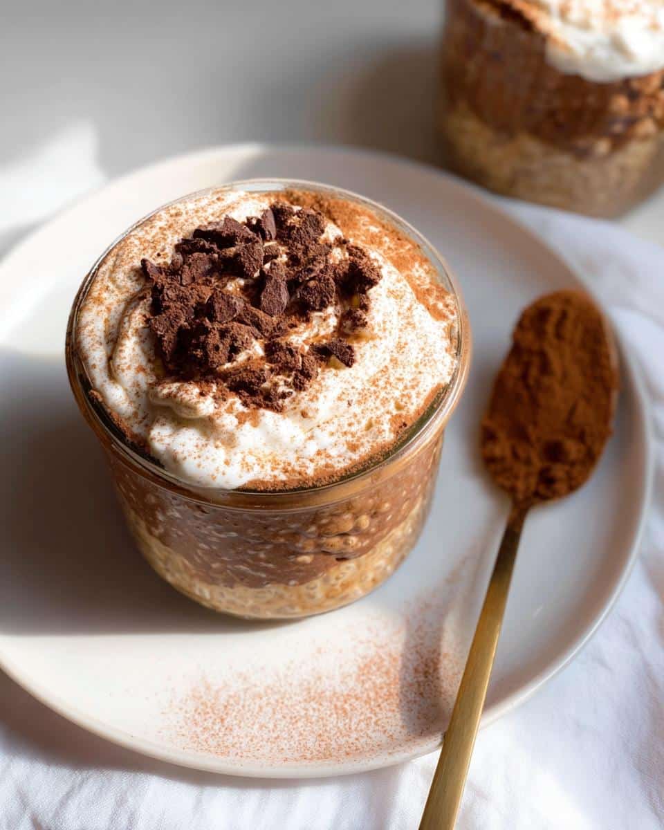 Close-up of Mocha Protein Overnight Oats topped with whipped cream and chocolate shavings.