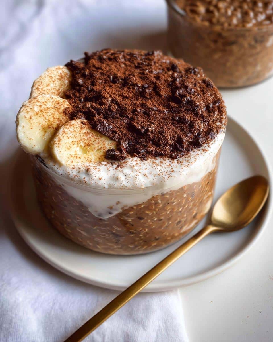 Close-up of Mocha Protein Overnight Oats topped with yogurt, banana slices, and cocoa powder.