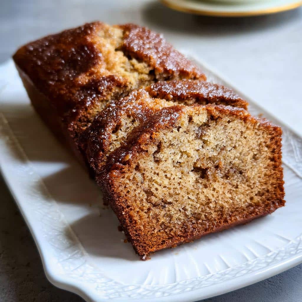 A close-up of a moist, golden-brown Banana Bread Air Fryer loaf, partially sliced on a white platter.