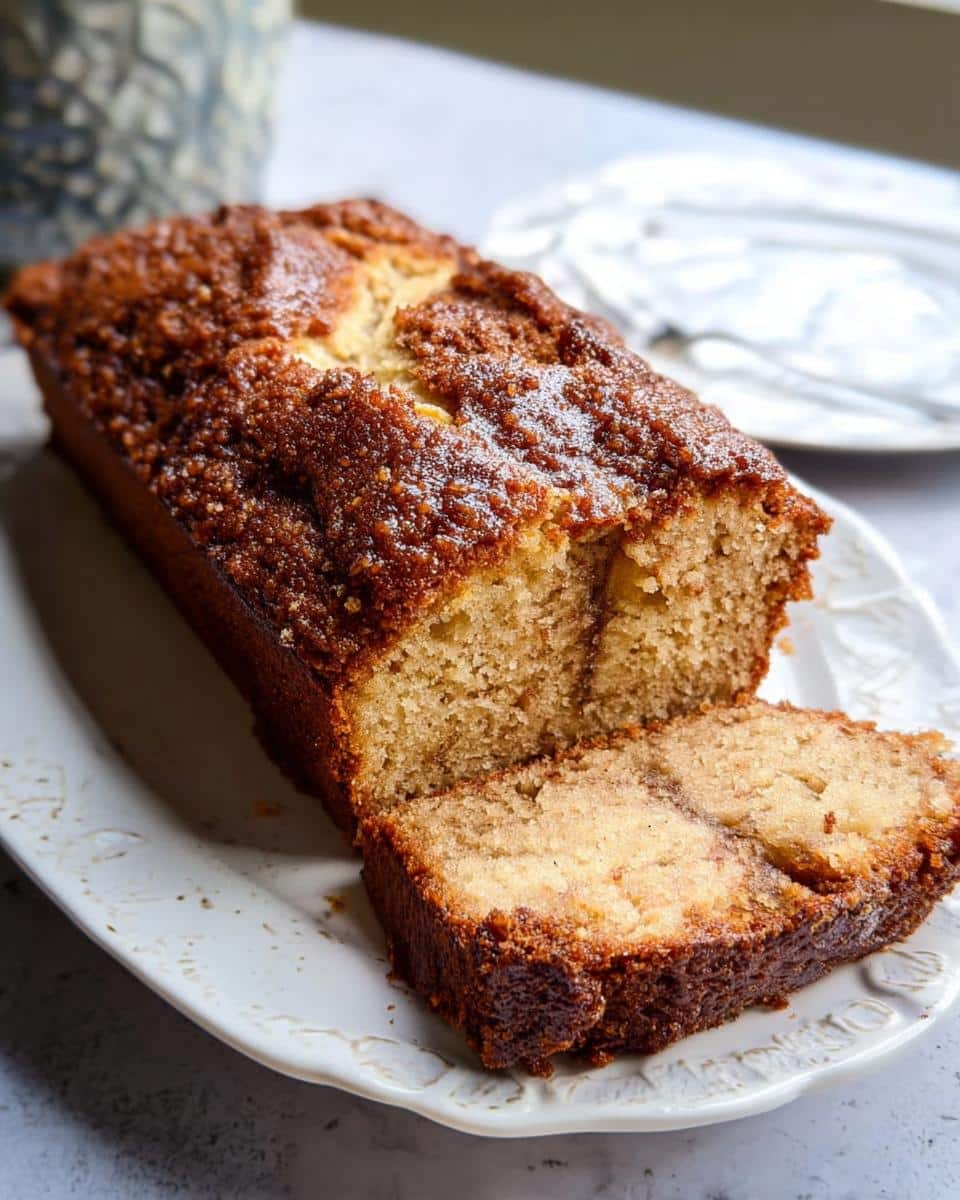 A moist Banana Bread Air Fryer loaf, partially sliced, showing a rich crumb and dark, sugary top crust.