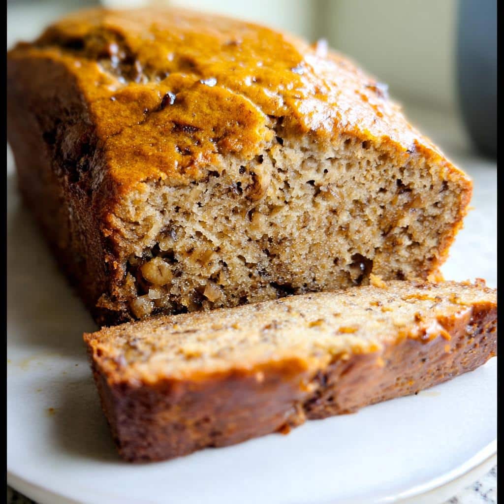 Close-up of a moist Banana Bread No Sugar Added loaf with one slice cut, showing nuts inside.