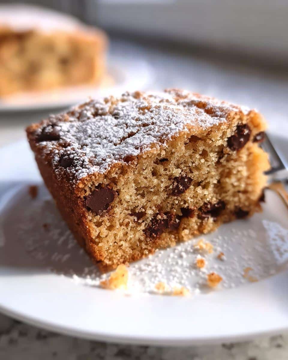 Close-up of a moist slice of Chocolate Chip Snack Cake dusted with powdered sugar on a white plate.