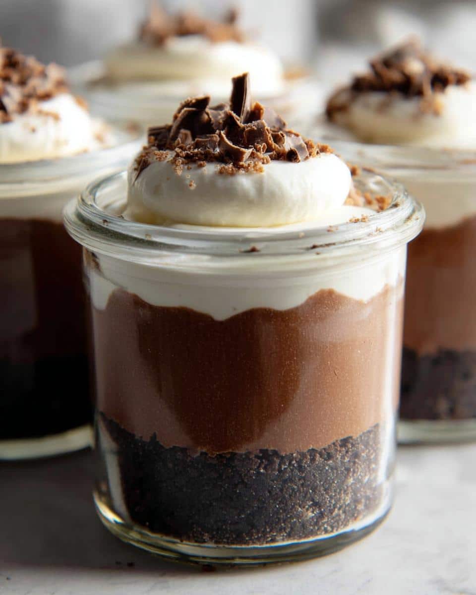 A close-up of a layered No-Bake Chocolate Cheesecake Jar with a dark crust, chocolate filling, whipped cream, and chocolate shavings.