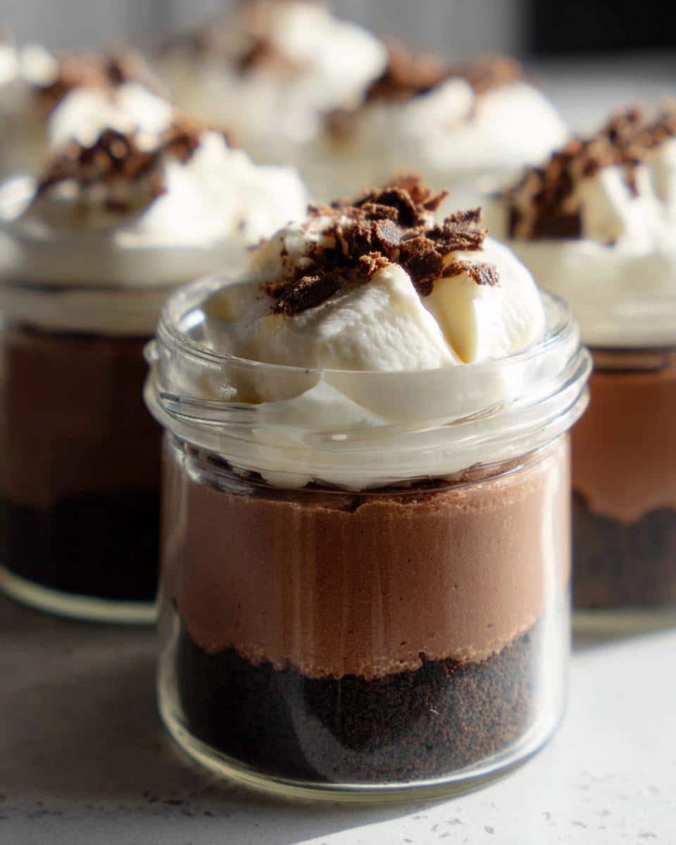 A close-up of one of the No-Bake Chocolate Cheesecake Jars showing layers of crust, mousse, whipped cream, and chocolate shavings.
